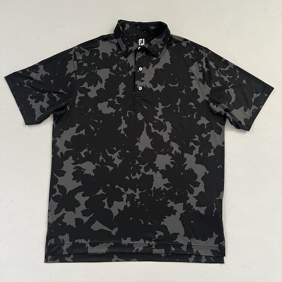 Footjoy Men Black Gray Floral Camo Print Stretch Golf Short Sleeve Polo Shirt L - Picture 1 of 9